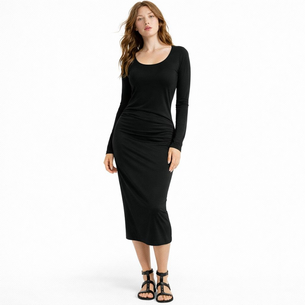 James Perse Black Skinny Sheath Ruched Midi Dress Sz S